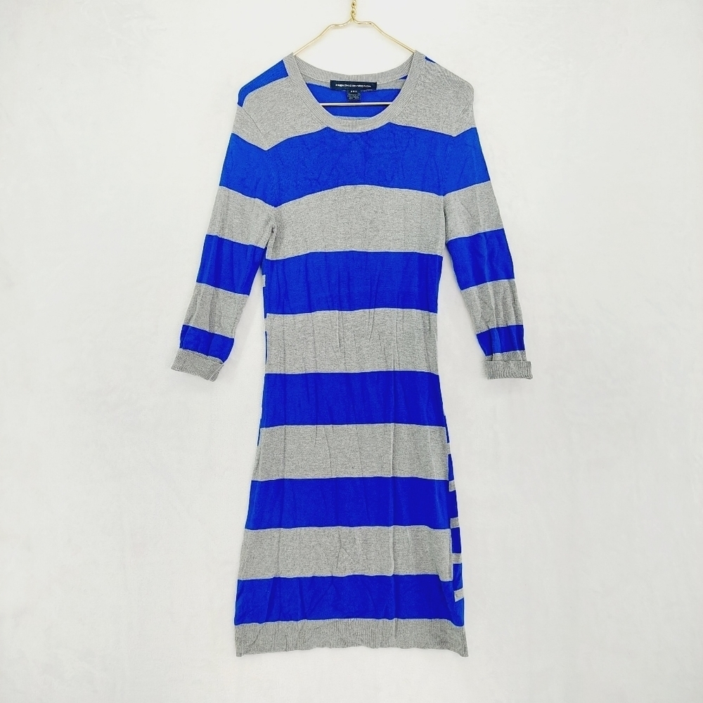 French Connection Blue Grey Simmer Casual Sweater Style Striped Midi Dress P2620